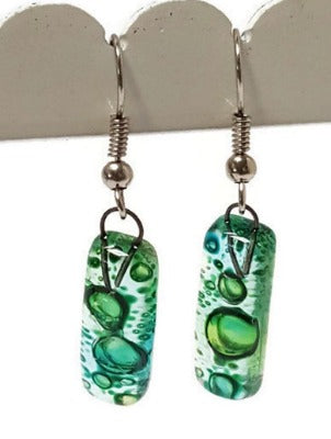 Small Rectangular Green recycled Glass Earrings. Fused Glass Jewelry