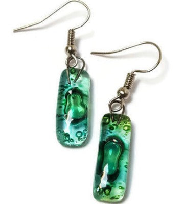 Small Rectangular Green recycled Glass Earrings. Fused Glass Jewelry