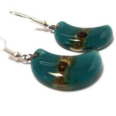 Teal and Brown Moon Earrings Recycled Glass Drop Earrings. Glass Jewelry