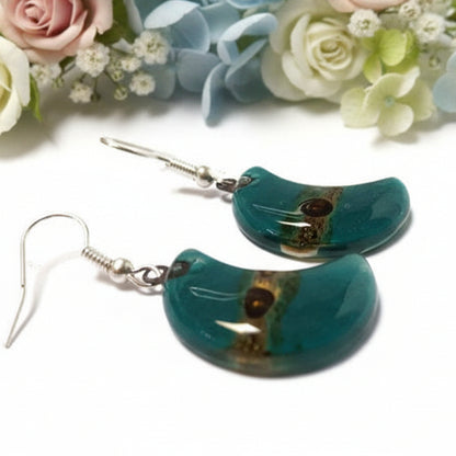 Teal and Brown Moon Earrings Recycled Glass Drop Earrings. Glass Jewelry