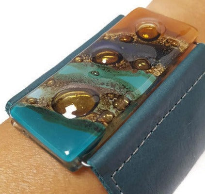 Wide Leather Cuff. Dark green Leather Bracelet. Terracotta, teal  brown and blue cuff