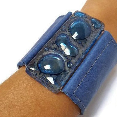 Wide Leather Cuff. Blue Leather Bracelet. Recycled glass Bracelet. Blue Cuff