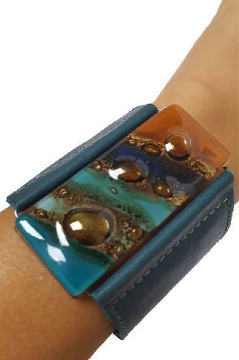 Wide Leather Cuff. Dark green Leather Bracelet. Terracotta, teal  brown and blue cuff