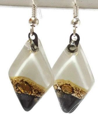 Fused Glass Black, white Brown Diamond Shape Recycled Glass Drop Earrings. Fused Glass