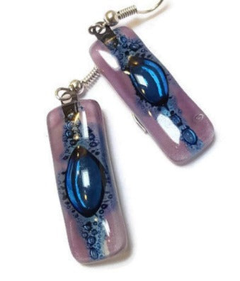 Blue and lilac Long Earrings. Different bubbles. Recycled Glass earrings. Fused glass jewelry.