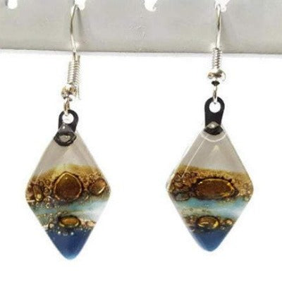 Fused Glass Blue, white and Brown Diamond Shape Recycled Glass Drop Earrings.