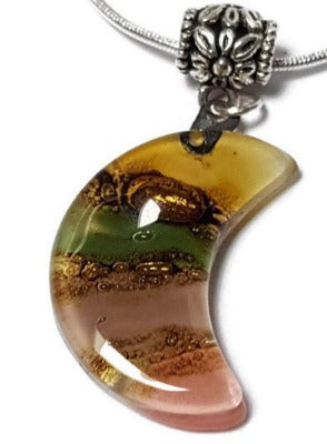 Colorful Moon Recycled Glass Pendant. Beige, taupe, pink, green and brown Small moon.