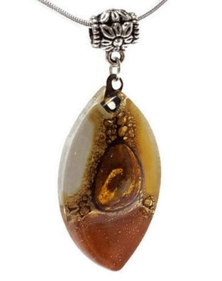 Beige, terracotta, Brown and White Fused Glass leaf Pendant. Recycled Glass Necklace