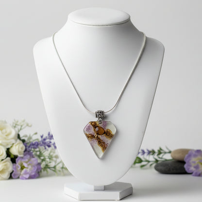 Fused Glass Pendant . White, Purple and Brown Glass Necklace.Handmade pendant