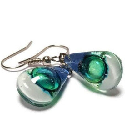 Fused Glass small Teardrop earrings. Blue white green Drop earrings