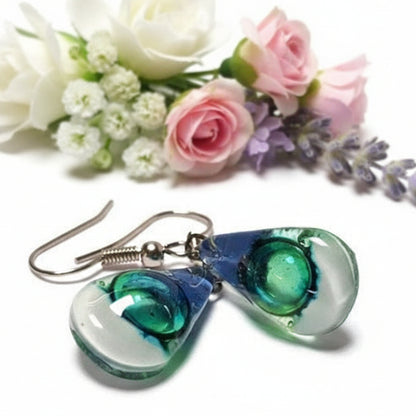 Fused Glass small Teardrop earrings. Blue white green Drop earrings