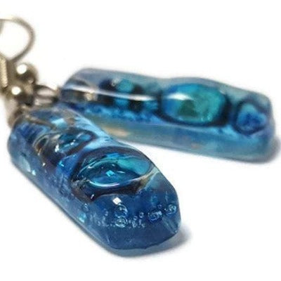 Small Rectangular blue recycled Glass Earrings. Fused Glass Jewelry