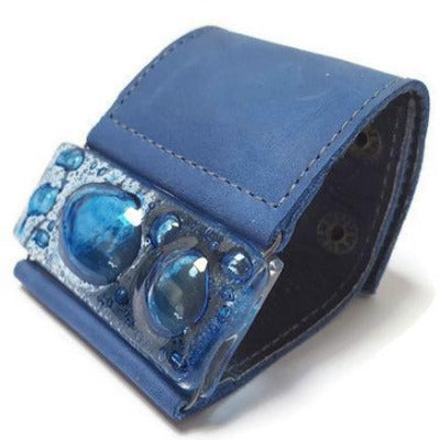 Wide Leather Cuff. Blue Leather Bracelet. Recycled glass Bracelet. Blue Cuff