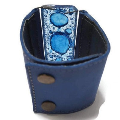 Wide Leather Cuff. Blue Leather Bracelet. Recycled glass Bracelet. Blue Cuff