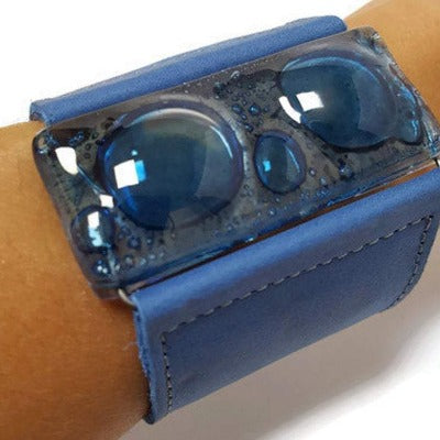 Wide Leather Cuff. Blue Leather Bracelet. Recycled glass Bracelet. Blue Cuff