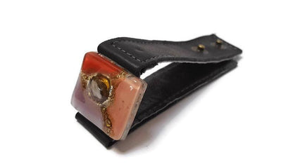 Red, pink and  Brown Fused Glass and reclaimed Denim Cuff. Vegan Bracelet.