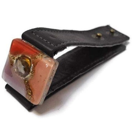 Red, pink, lilac and brown Recycled Glass and black leather cuff. Reclaimed Leather Bracelet