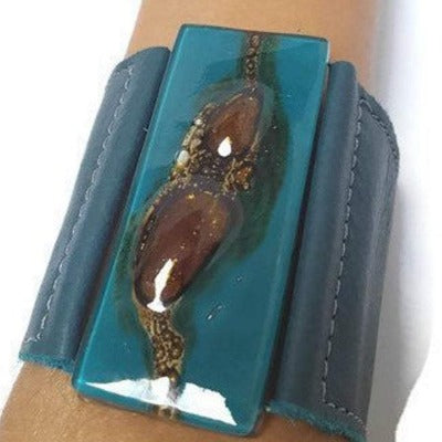 Teal and Brown Fused Glass and Leather Bracelet. Wide Leather Cuff.