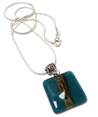 Teal and Brown Square recycled fused glass necklace. Awesome pendant.