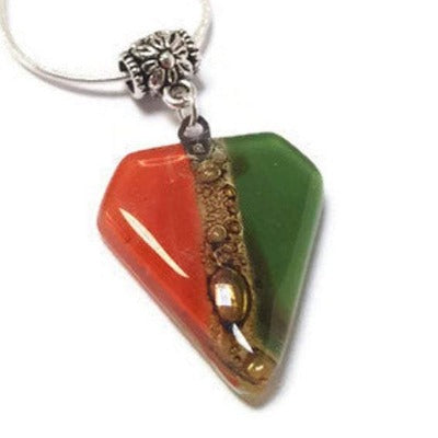 Fused Glass Pendant . Red, green and Brown Glass Necklace. Silver Plated Chain.