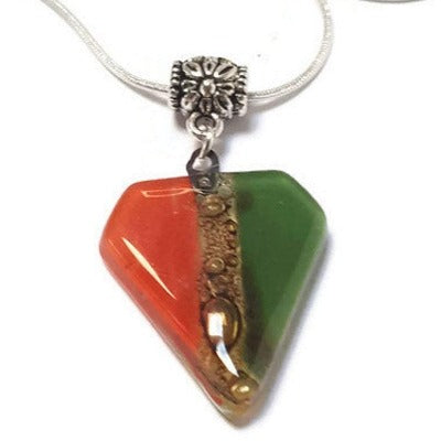 Fused Glass Pendant . Red, green and Brown Glass Necklace. Silver Plated Chain.