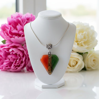 Fused Glass Pendant . Red, green and Brown Glass Necklace. Silver Plated Chain.
