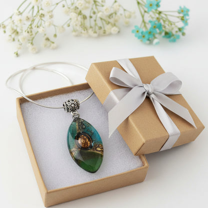 Green, teal and Brown Fused Glass leaf Pendant. Recycled Glass Necklace