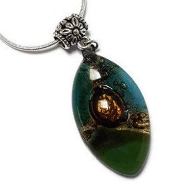 Green, teal and Brown Fused Glass leaf Pendant. Recycled Glass Necklace