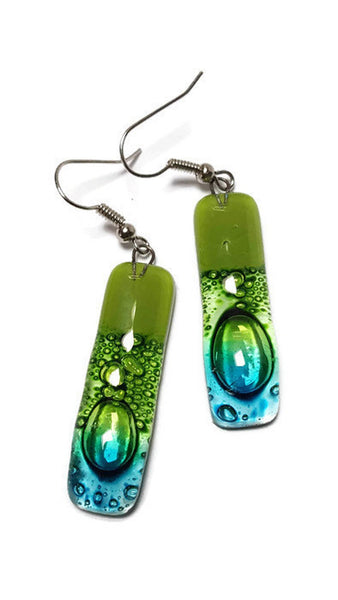 Green and Turquoise fused glass earrings. Recycled glass long drop earrings- Dangle Earrings