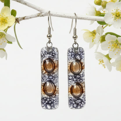 Clear lilac and Brown bars... Lots of  bubbles. Recycled Fused Glass Dangling earrings