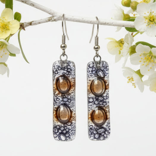 Clear lilac and Brown bars... Lots of  bubbles. Recycled Fused Glass Dangling earrings