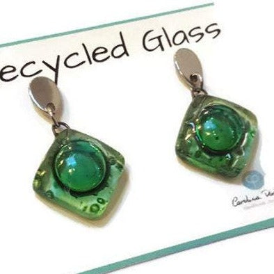 Small green recycled fused glass post dangle earrings. Drop earrings. Handmade Stud drop earrings