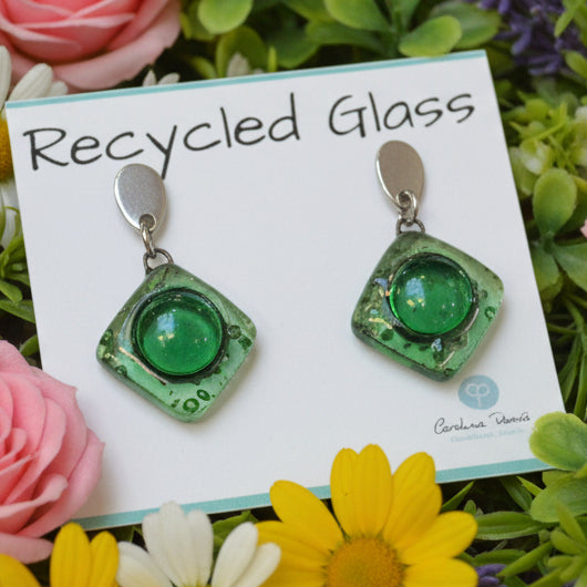 Small green recycled fused glass post dangle earrings. Drop earrings. Handmade Stud drop earrings