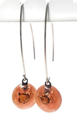 Long fused glass Drop earrings. Pale red and brown Sand V-wire recycled glass dangles.