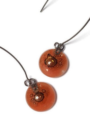 Long fused glass Drop earrings. Pale red and brown Sand V-wire recycled glass dangles.