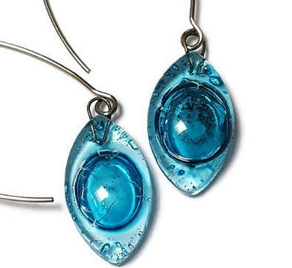 Long open oval V drop earrings. Blue recycled glass drop dangles.