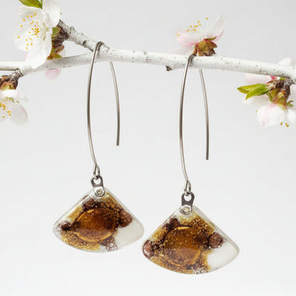 Long fused glass dangle earrings. Open oval V wire on. Handmade recycled glass beads.