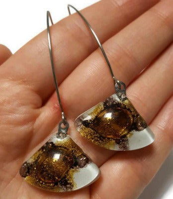 Long fused glass dangle earrings. Open oval V wire on. Handmade recycled glass beads.