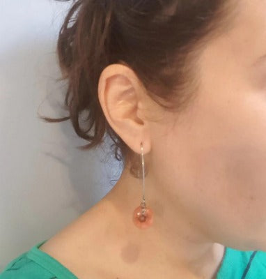 Long fused glass Drop earrings. Pale red and brown Sand V-wire recycled glass dangles.