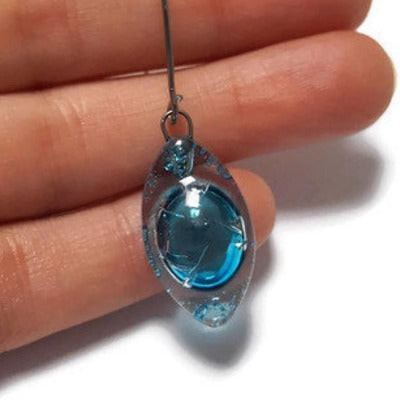 Long open oval V drop earrings. Blue recycled glass drop dangles.
