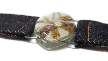 Denim Bracelet. White dark purple and Brown Fused Glass and reclaimed Denim Cuff.