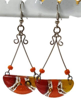 Red Yellow, orange and Brown Recycled Fused Glass Chandelier earrings