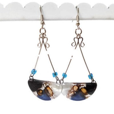 Handmade Fused Glass Long Chandelier earrings Blue, Black Brown and white