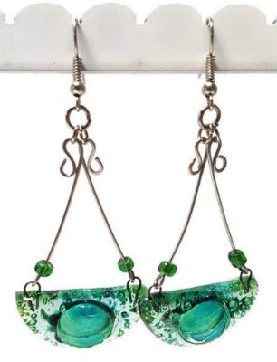 Chandelier Earrings. Recycled Fused GLass green beads.