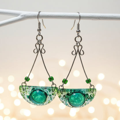 Chandelier Earrings. Recycled Fused GLass green beads.
