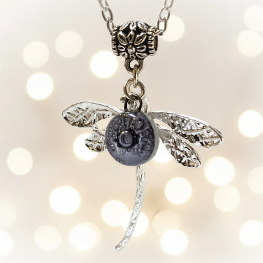 Dragonfly necklace. Recycled fused glass Purply bead.