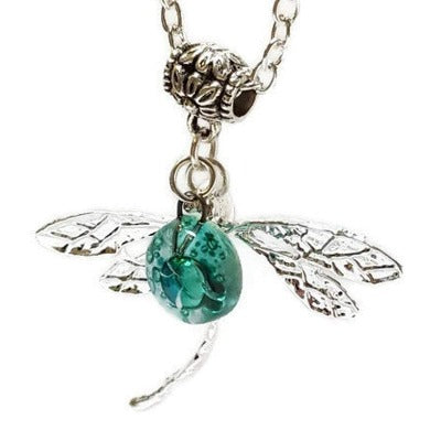 Dragonfly necklace. Recycled fused glass green bead.