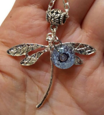 Dragonfly necklace. Recycled fused glass Purply bead.