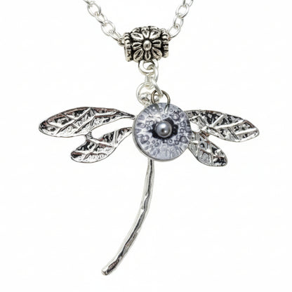 Dragonfly necklace. Recycled fused glass Purply bead.