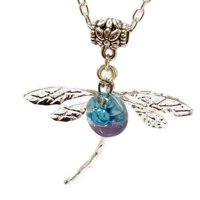 Dragonfly necklace. Recycled fused glass  white, lilac and turquiose bead.